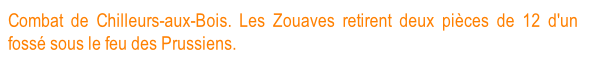 Combat de Chilleurs-aux-Bois. Les Zouaves retirent deux pièces de 12 d'un fossé sous le feu des Prussiens. Texte de cette image.